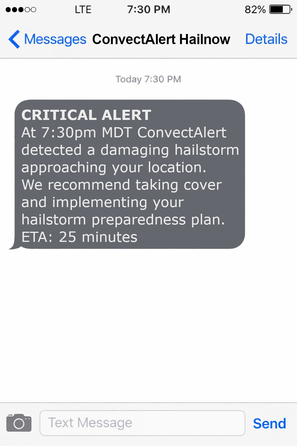 Text message alert about approaching hailstorm on phone