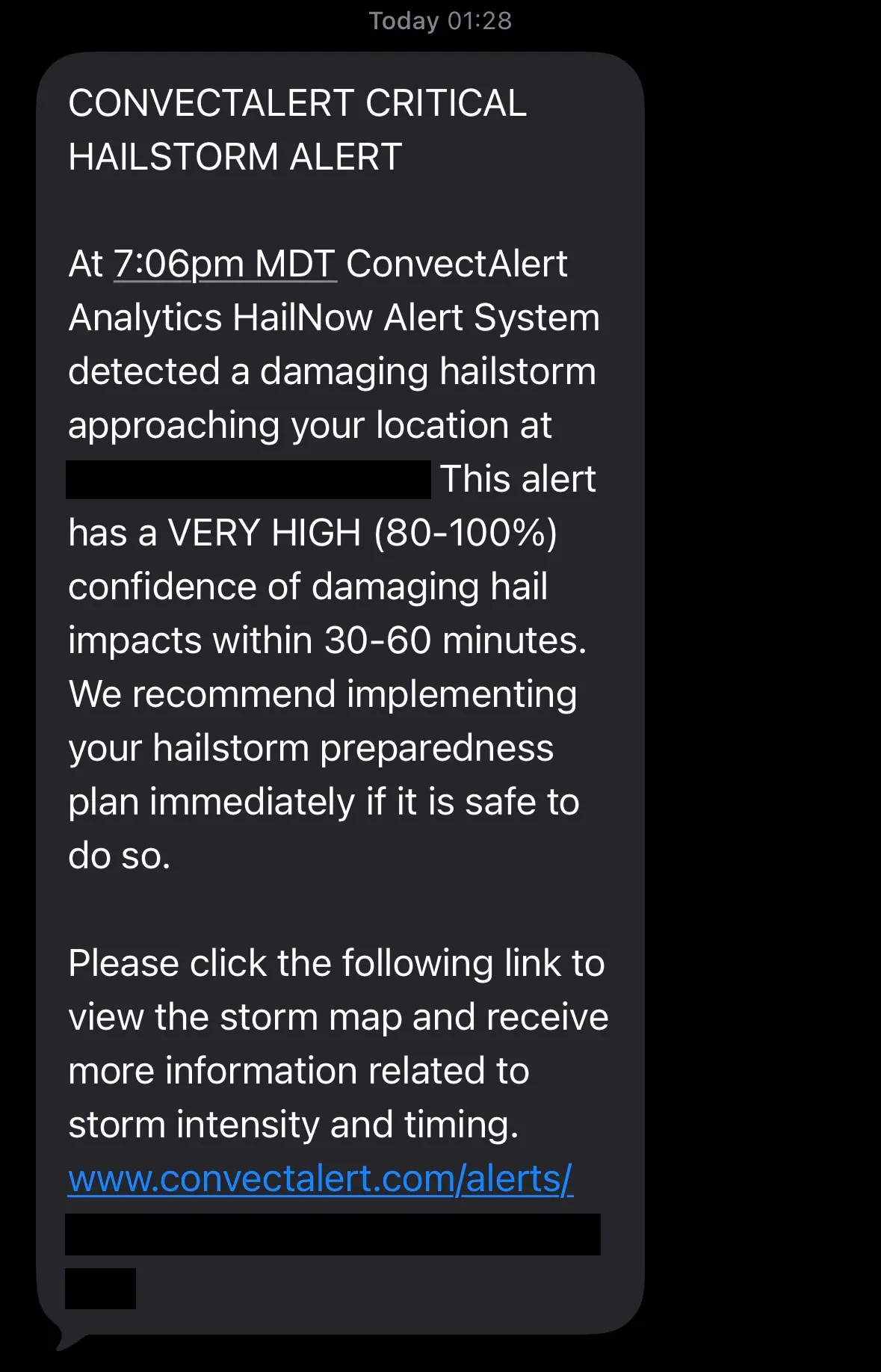 Text message alert about approaching hailstorm on phone